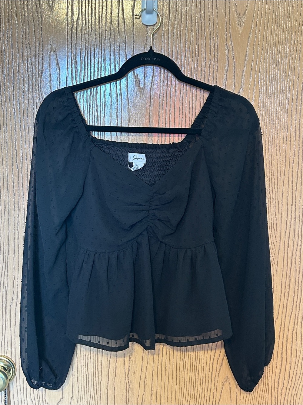 Japna Black Swiss Dot Peplum Blouse with Ruched Front